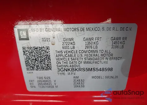 2021 Chevrolet Blazer Awd Rs из США, поврежденный, VIN 3GNKBKRS5MS548598